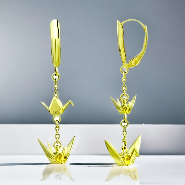 14K 3D Origami Peace Crane Design Earrings