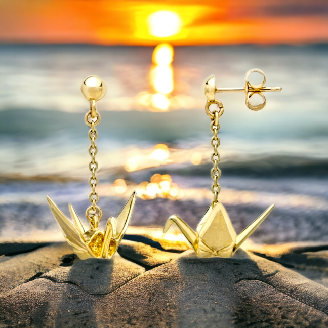 14K Gold Peace Crane Posts Dangle Earrings