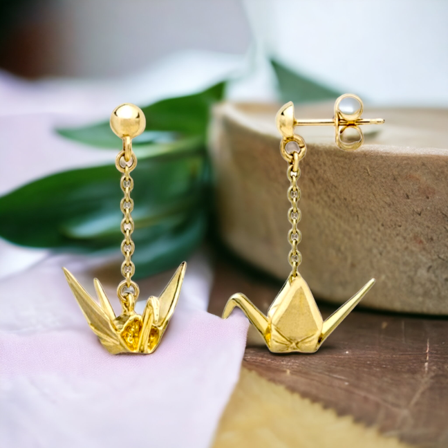14K Gold Peace Crane Posts Dangle Earrings