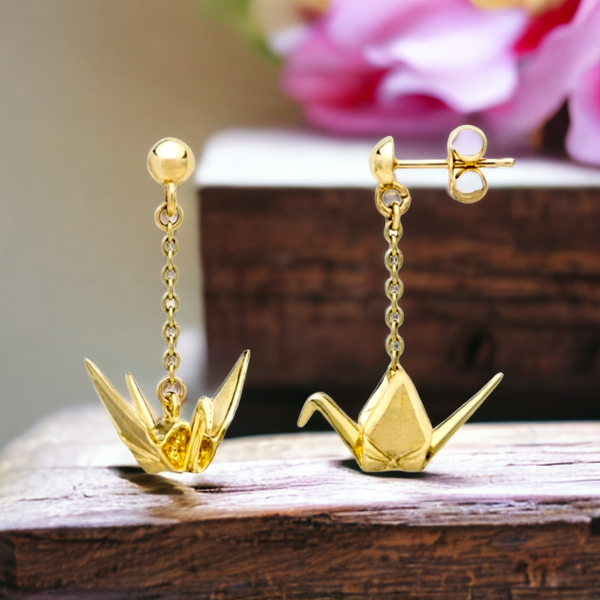 14K Gold Peace Crane Posts Dangle Earrings