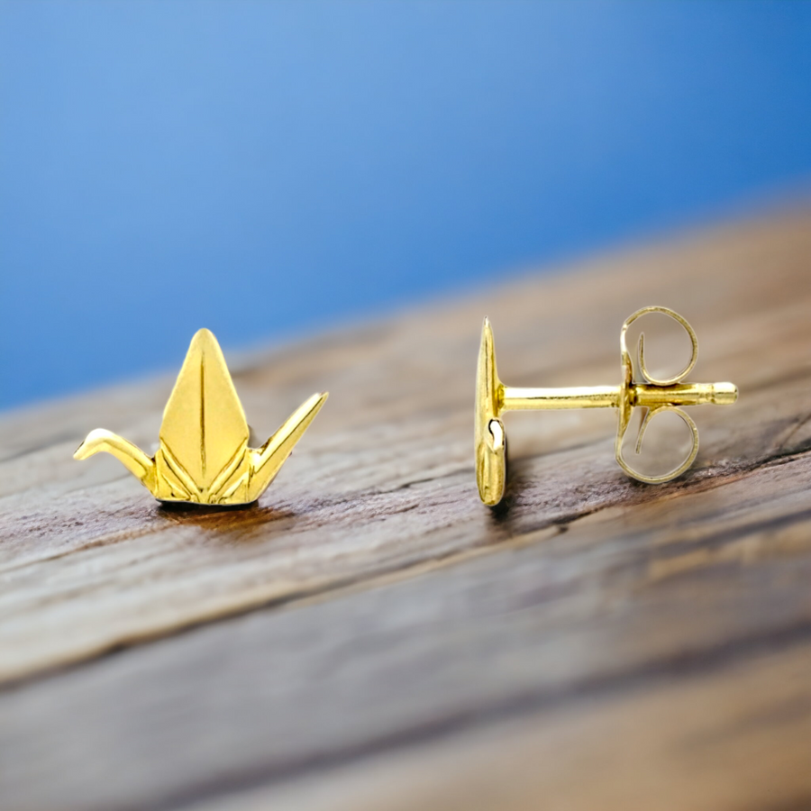 14K Yellow Gold. Peace Crane  Stud Earrings.