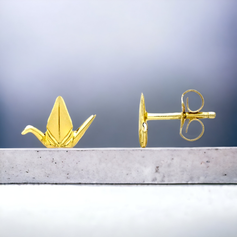14K Origami Peace Crane  Stud Earrings (9mm)