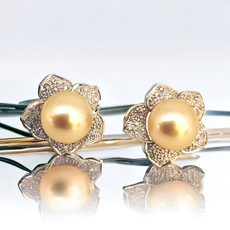 14K Golden South Sea Pearl Earrings with Diamonds 19MM