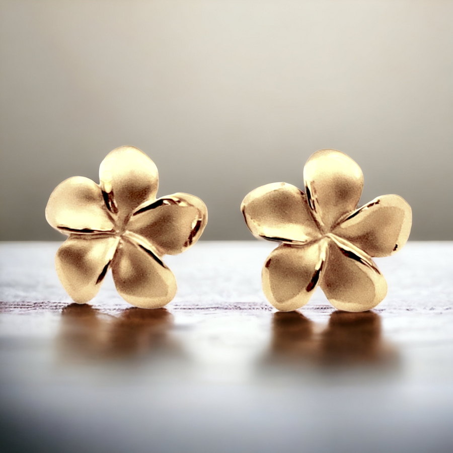 14K Plumeria Stud Earrings 14mm