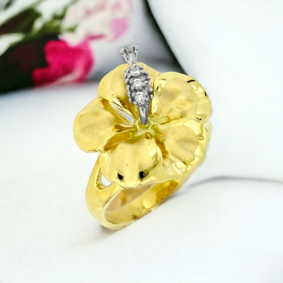 14K Yellow Gold Hibiscus Flower with Diamond Ring.