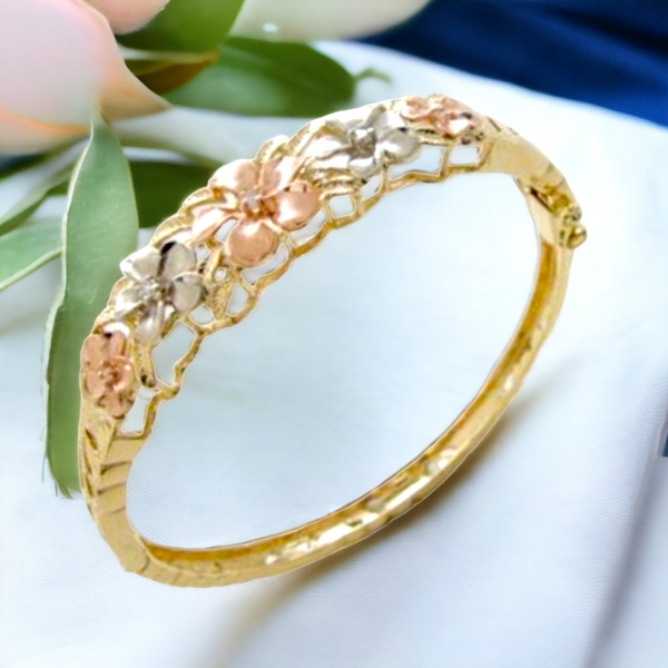 14k Tri-Color Plumeria  bangle bracelet with Diamonds.