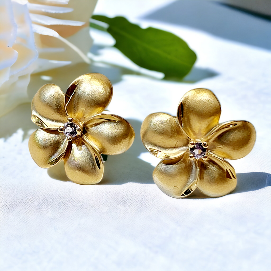 14K Plumeria Stud Earrings with Tanzanites 16mm