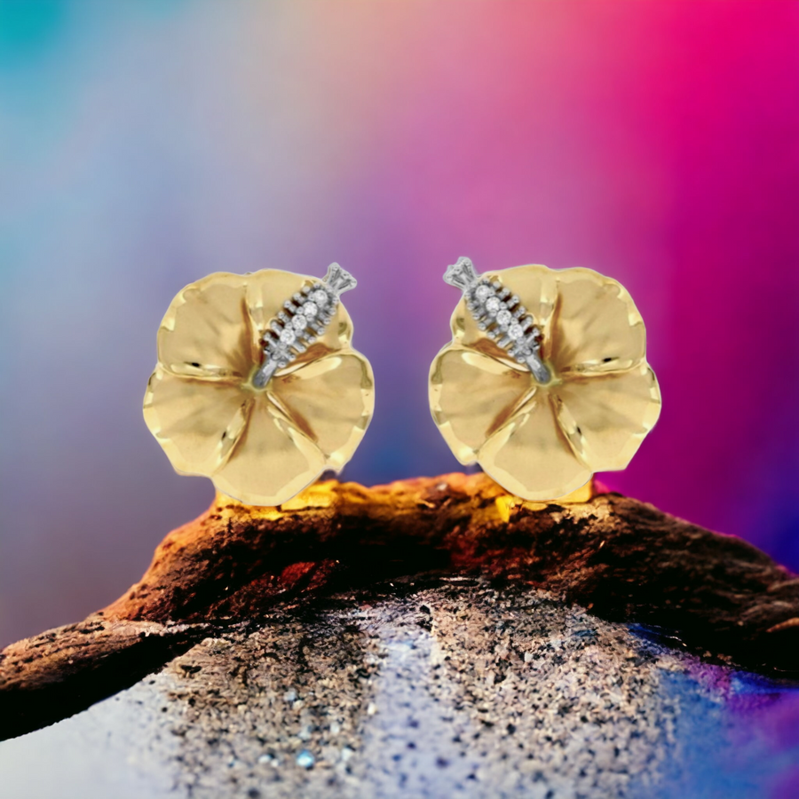 14K Hibiscus Stud Earrings with Diamonds.