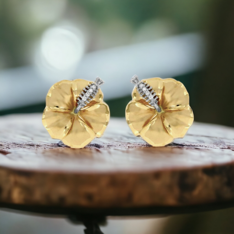 14K Hibiscus Stud Earrings with Diamonds