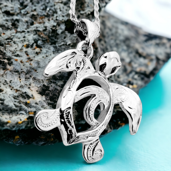 Sterling Silver Hawaiian Scroll Turtle & Wave Necklace