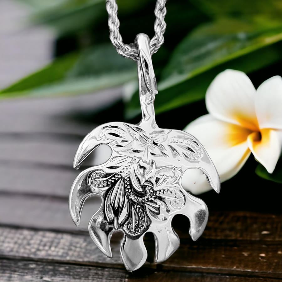 Sterling Silver Hawaiian Scroll Design Monstera Leaf Necklace (19mm)