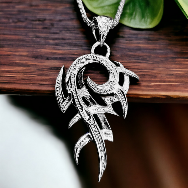 Silver Hawaiian Scroll Tribal Pendant with Chain (21x35mm)