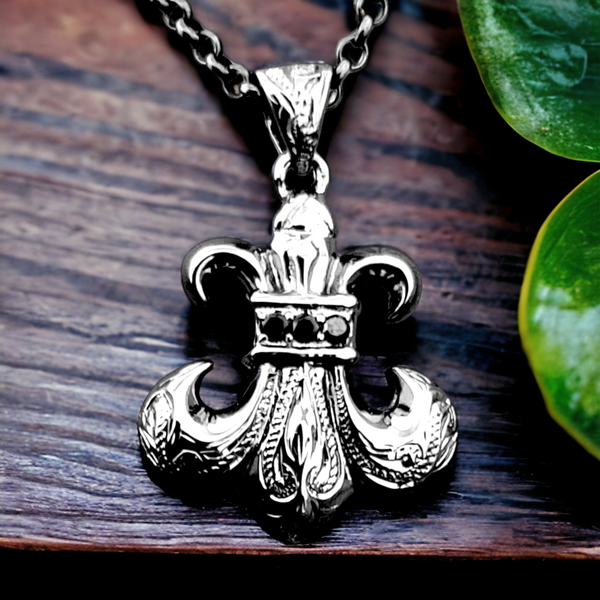 Sterling Silver Black Rhodium Hawaiian Scroll Fleur De Lis Necklace