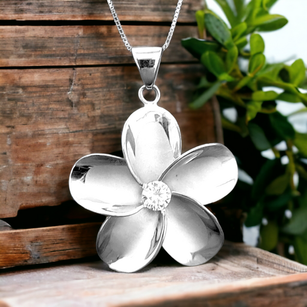 Silver Plumeria CZ Pendant with Chain (30mm)