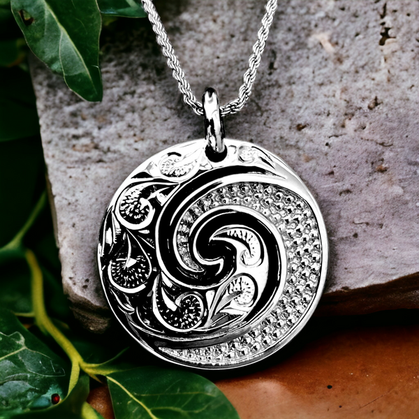 Silver Hawaiian Scroll Waves of Aloha Pendant with Chain (28mm)