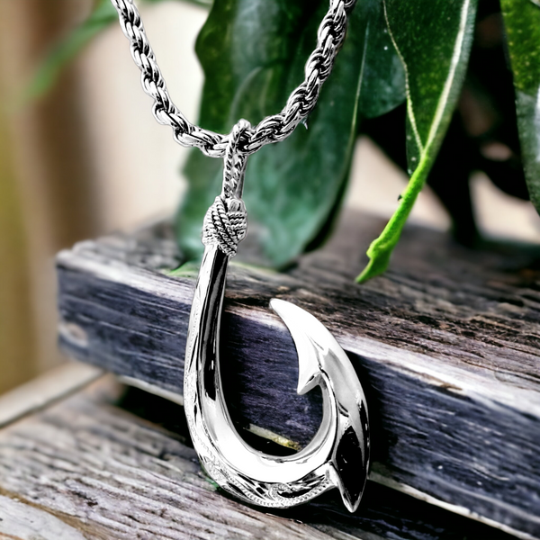 Silver Hawaiian Scroll  Hook Pendant with Chain (44mm)