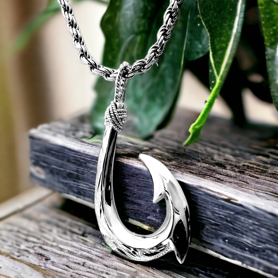 Sterling Silver Polynesian Fish Hook Pendant Necklace