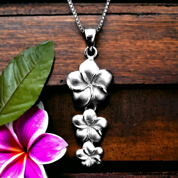 Silver Plumeria  Pendant with Chain (12x26mm)