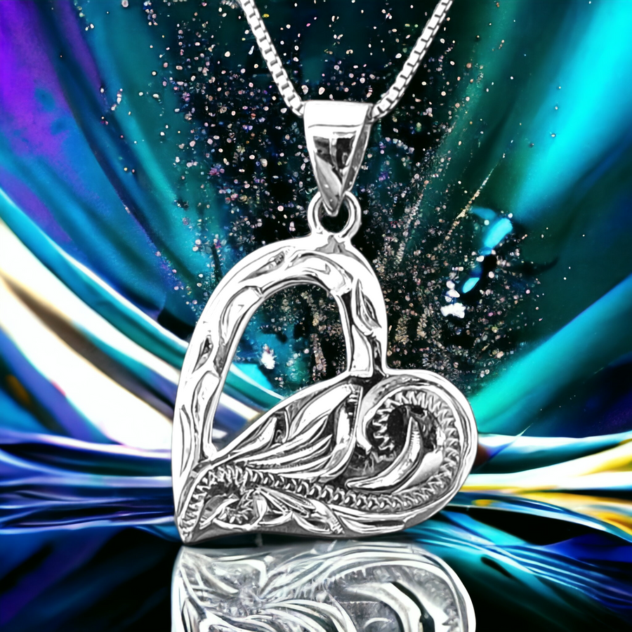 Sterling Silver Two Tone Hawaiian Scroll Heart Necklace (20mm)