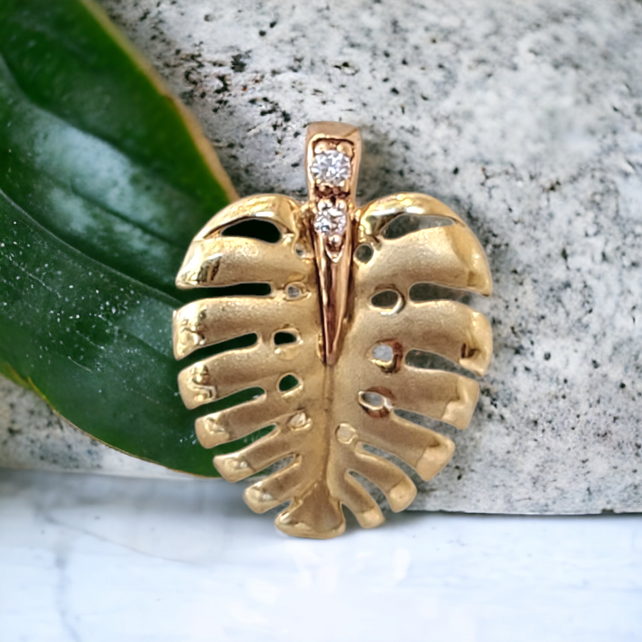14k Monstera leaf Pendant with yellow and rose gold