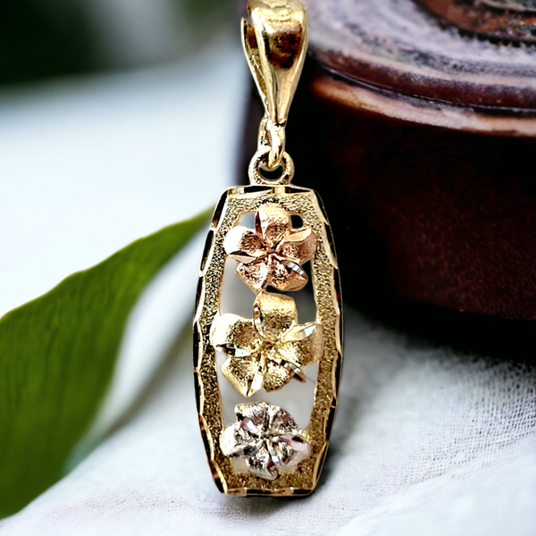 14k  Plumeria Tri-color  Pendant (8x20mm)