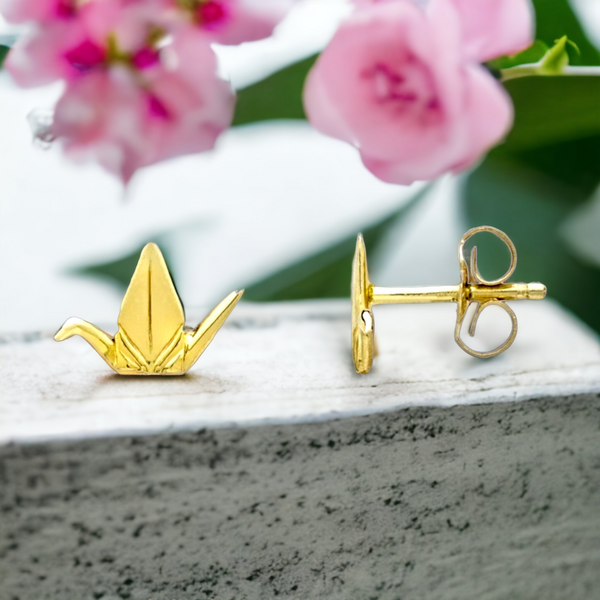 14K Origami Peace Crane  Stud Earrings (9mm)