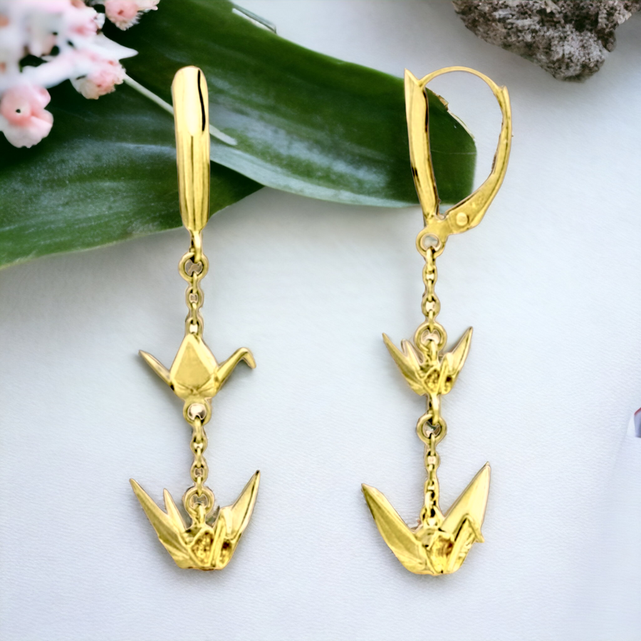 14K Origami Peace Crane  3D Design Earrings