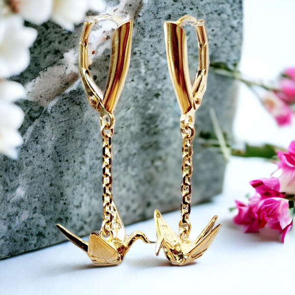 14k Origami Crane Earrings (8mm)