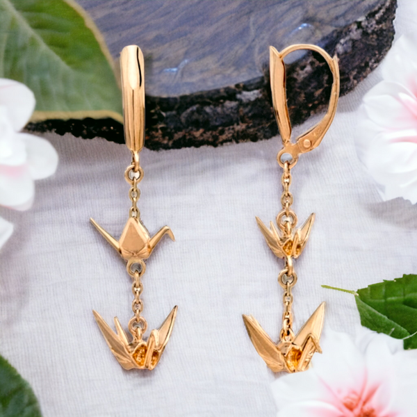 14K  Origami Crane Rose Gold, Dangle Lever back Earrings.