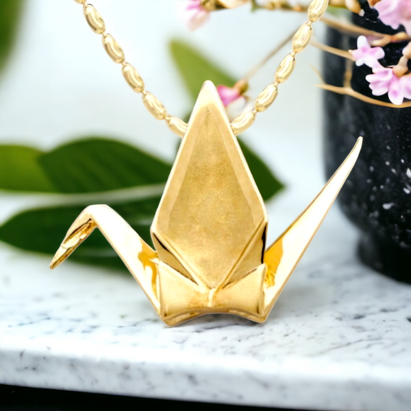 14K Origami Crane 3D Pendant