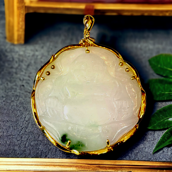 14K  Jade  Natural  Carved Buddha Pendant (54mm)