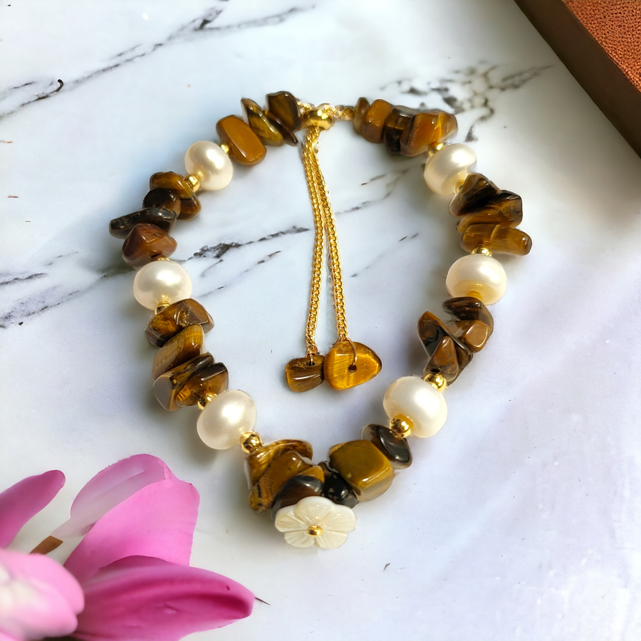 Handmade- Plumeria with Tiger Eye & Pearls  Bracelet