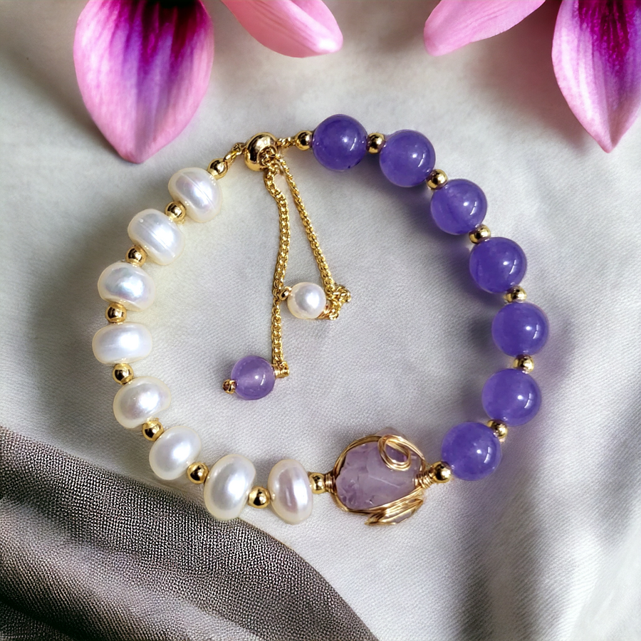 Handmade- Jade, Pearls & Amethyst Bracelet