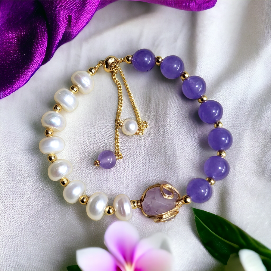 Handmade- Jade, Pearls & Amethyst Bracelet