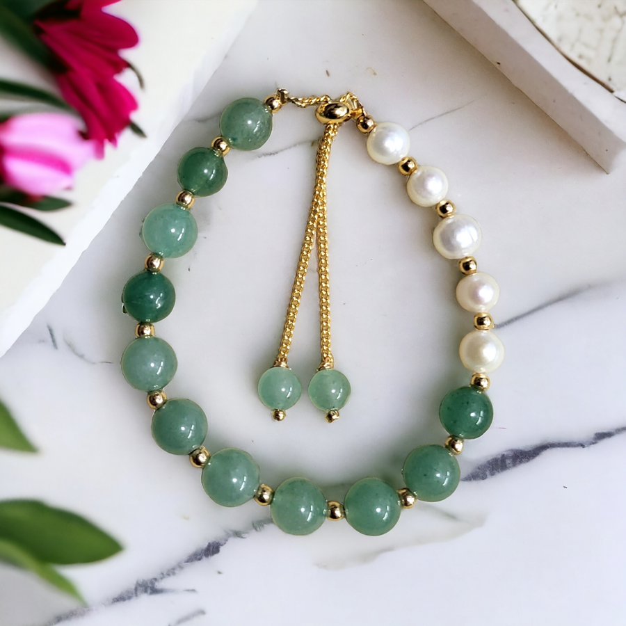 Handmade- Green Jade & Pearls Bracelet