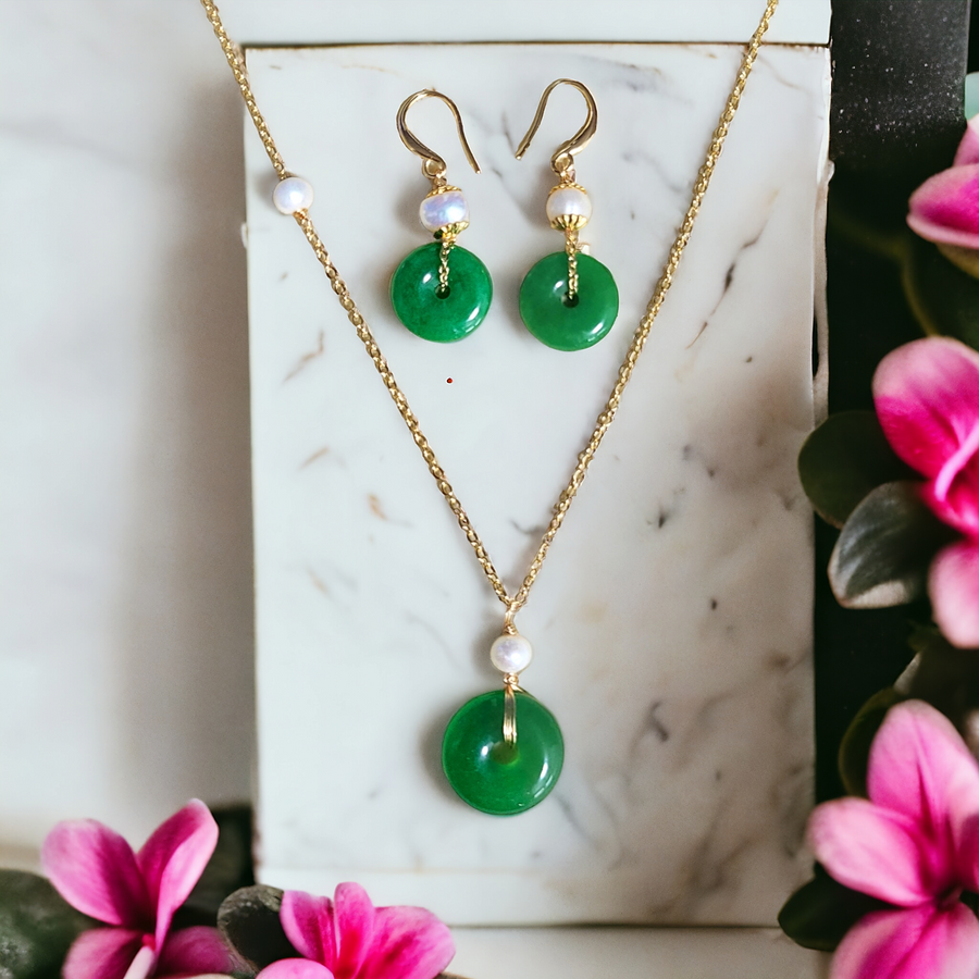 Handmade- Green Jade Donuts Earrings & Necklace set