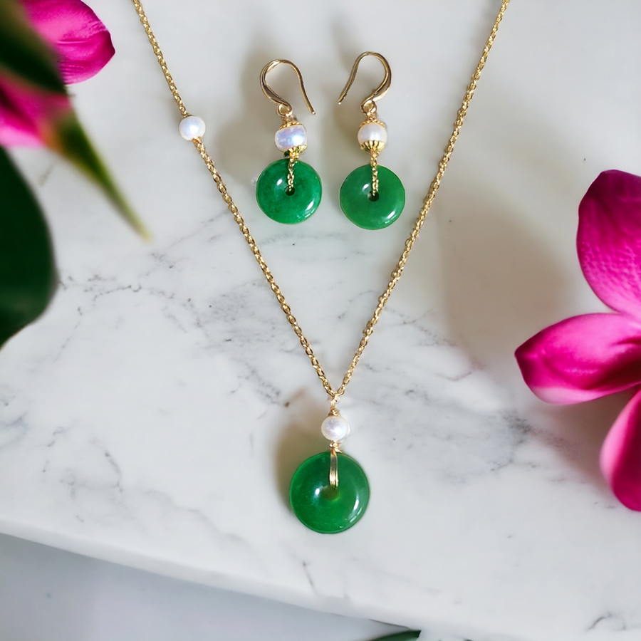 Handmade- Green Jade Donuts Earrings & Necklace set