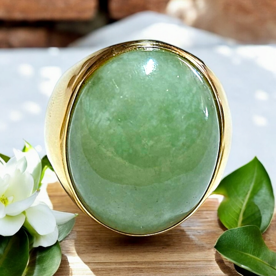 14K Natural Green Jade Oval Gents  Ring (21x25mm)