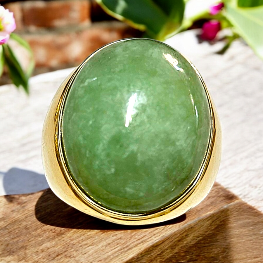 14K Natural Green Jade Oval Gents  Ring (21x25mm)