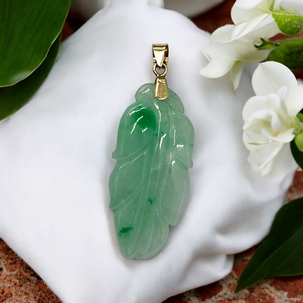 14k Green Jade Leaf Pendant