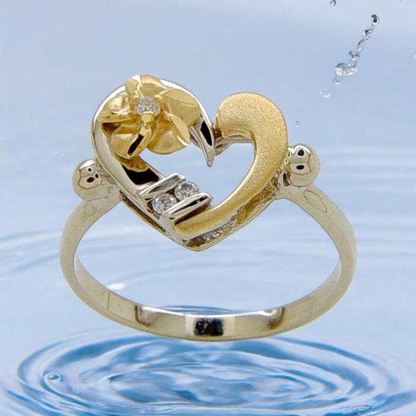 14k Plumeria Heart with diamond Ring