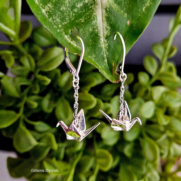 Silver Origami Crane 3D Earrings