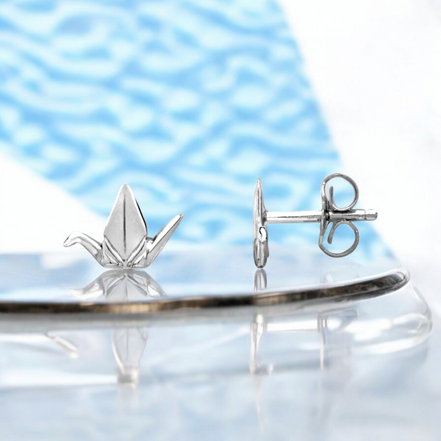 Silver Origami Crane stud Earrings