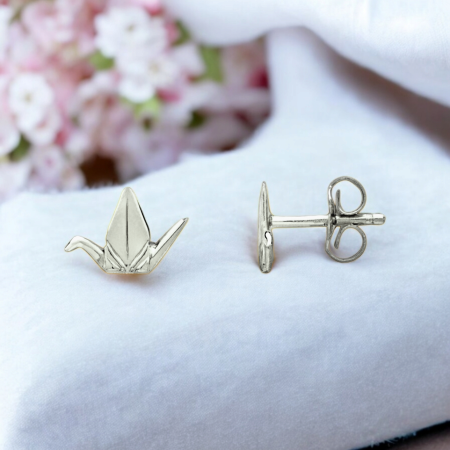 Silver Origami Crane stud Earrings