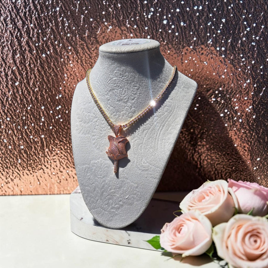 Rose Gold CZ Rose Pendant Necklace – 18" Tennis Chain, Pink & Clear Stones
