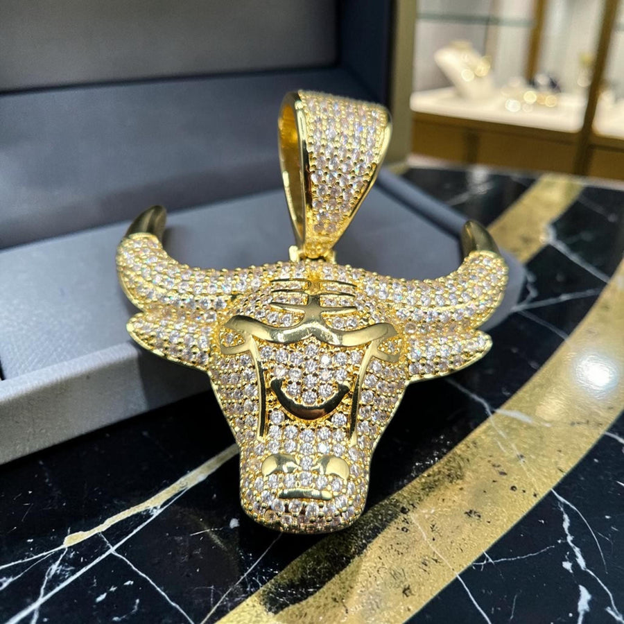 Custom Gold Filled Bull Pendant: 50x57mm, 5 A Grade CZ Stones