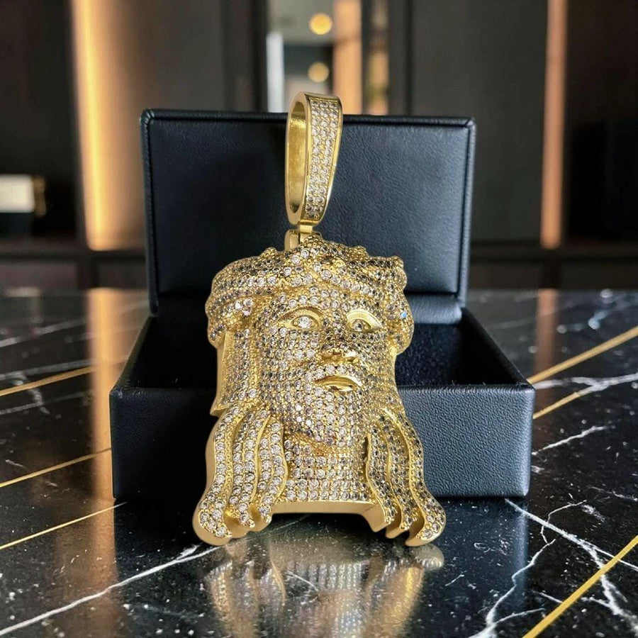 Custom Gold Filled Jesus Head Pendant – XL 38x70mm, 5 A Grade Cubic Zirconia Stones
