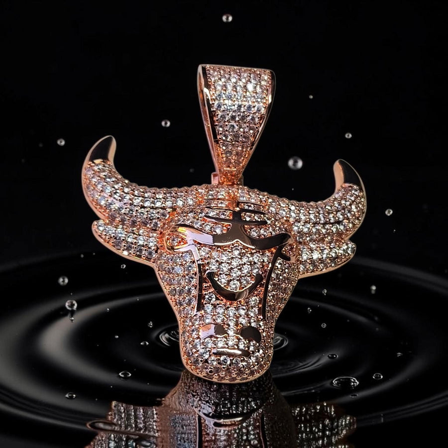 Rose Gold Filled Bull Pendant, 50x57mm, 5 A-Grade CZ Stones