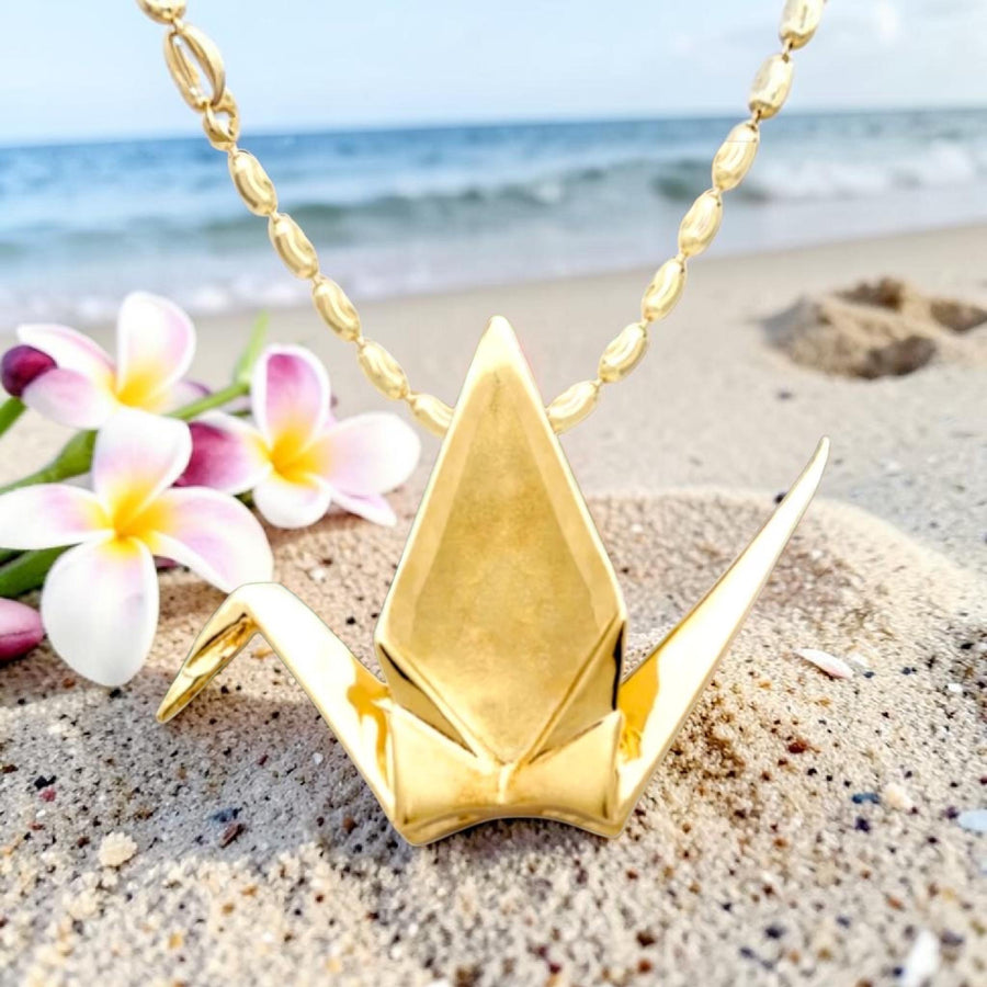 14 kt Gold Origami Crane Pendant, Symbol of Peace, Fortune, Longevity