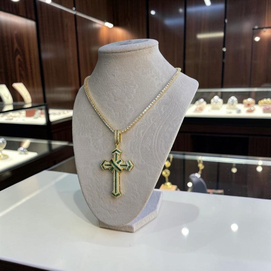 Iced out Cross  filled Pendant with Green CZ Stones – Tennis Chain Necklace (20" Long)